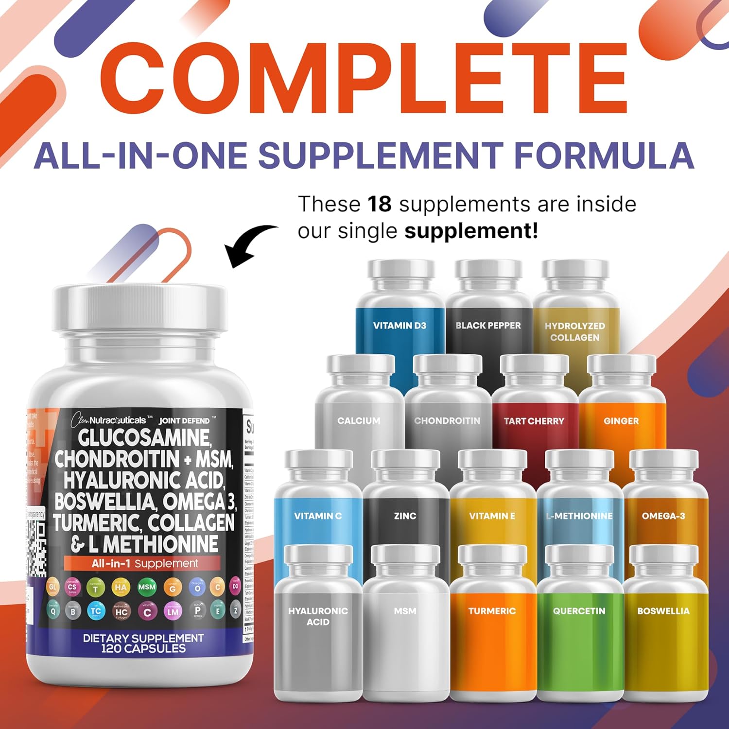 Clean Nutraceuticals Glucosamine Chondroitin MSM 1500mg with Turmeric Curcumin, Collagen, Hyaluronic Acid, Omega 3 ¨C Joint Health Supplement for Men & Women ¨C Joint Complex ¨C 120 Count