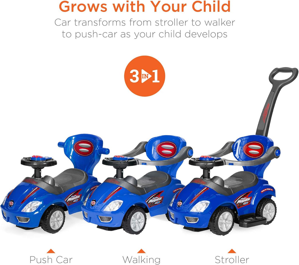 Best Choice Products Kids 3-in-1 Push and Pedal Car Toddler Ride On w/Handle, Horn, Music - Blue