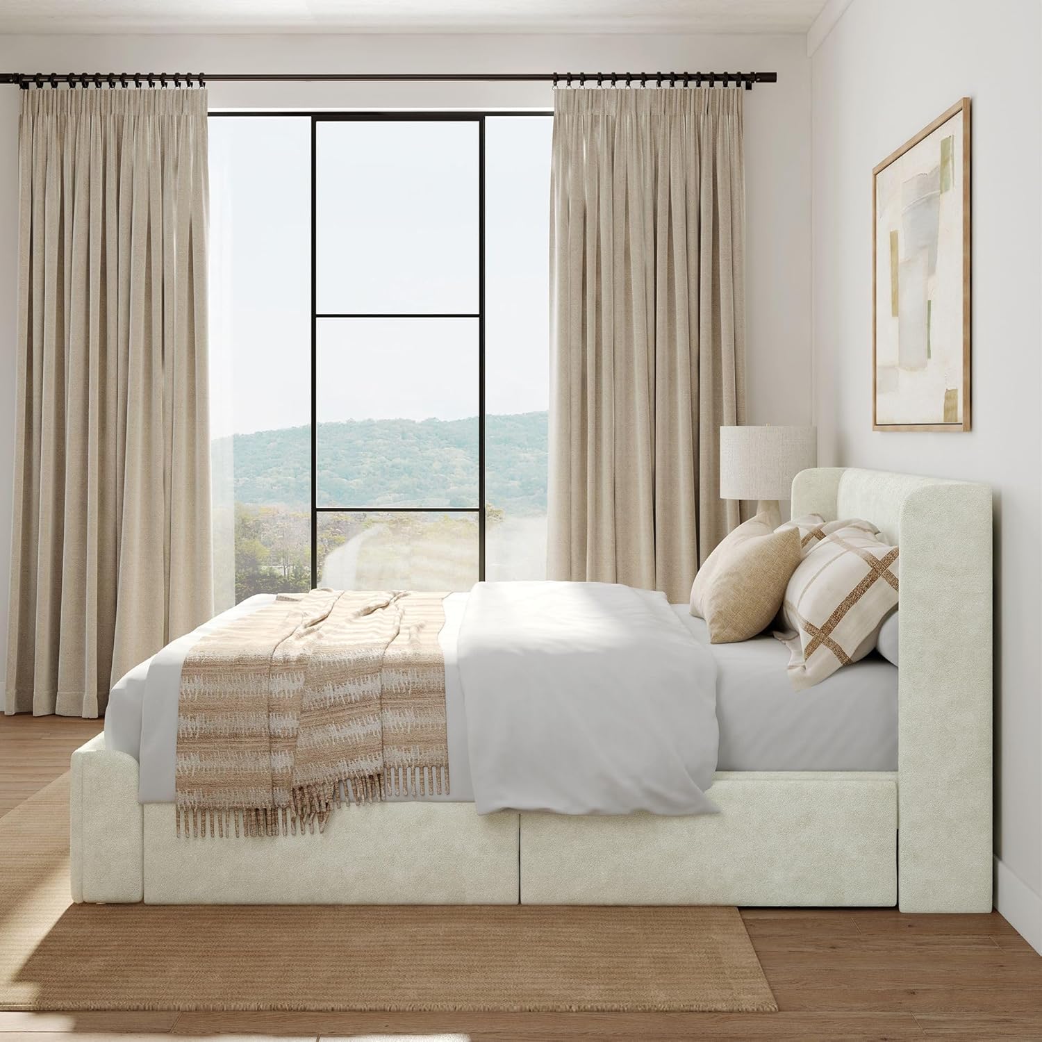 Plank+Beam Upholstered Queen Bed Frame with Rectangular Headboard and Two Storage Drawers, Upholstered Platform Bed, No Box Spring Needed, Easy Assembly, Cream