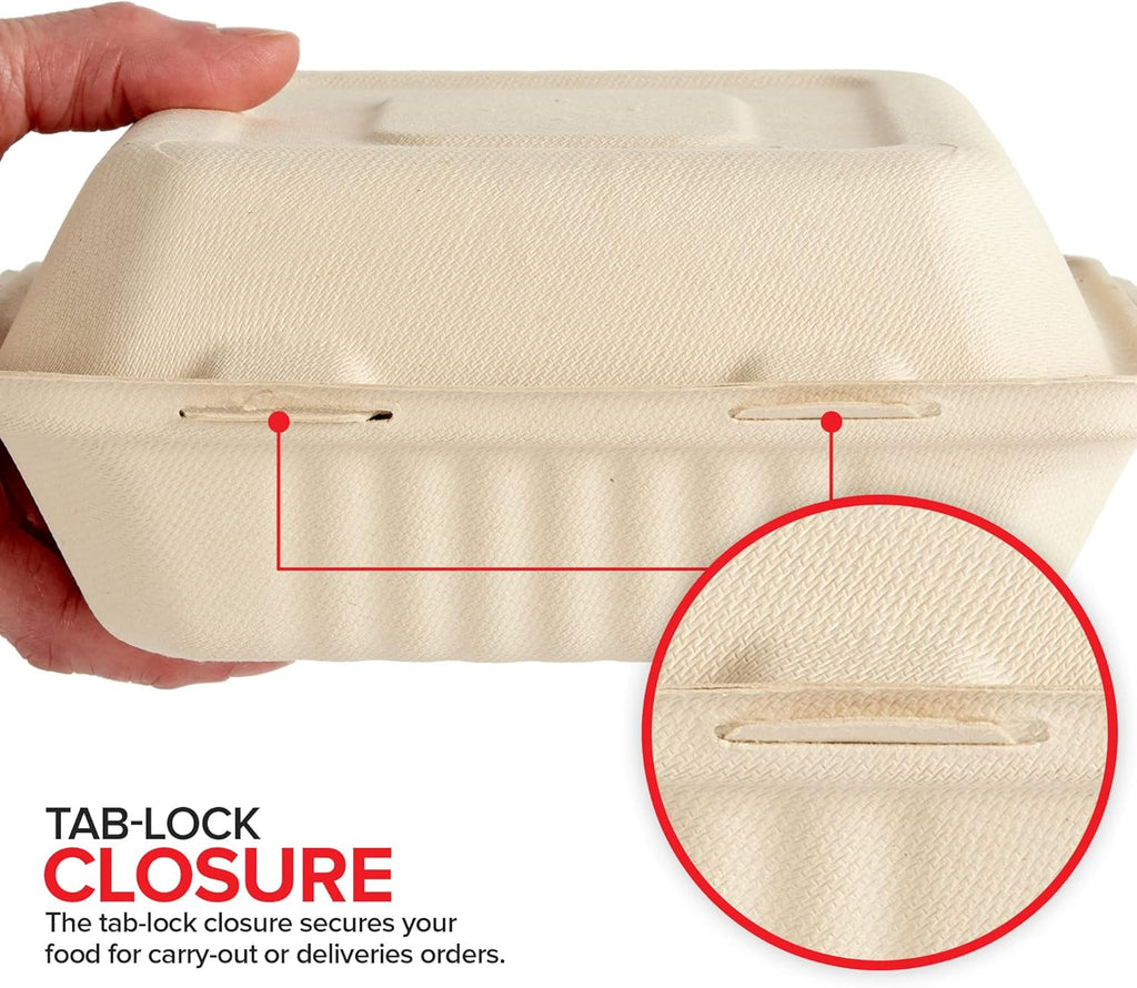 Clamshell Take Out Food Containers 8 x 8 (50 Pack) 3-Compartment, Disposable To Go Container, Togo Boxes With Lids, Trays for Lunch, Dinner, Meal-Prep, Eco Friendly, Compostable, Biodegradable