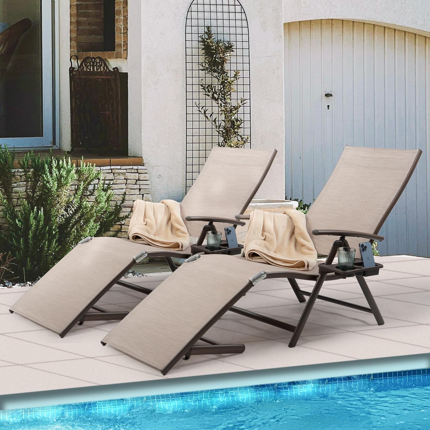 Kozyard Cozy Aluminum Reclining Lounge Chair for Beach Yard Pool Deck Patio - Outdoor Chaise Lounge with Drink Holder, Weather Free, Adjustable - Assemble-Free (2 Pack, Beige)