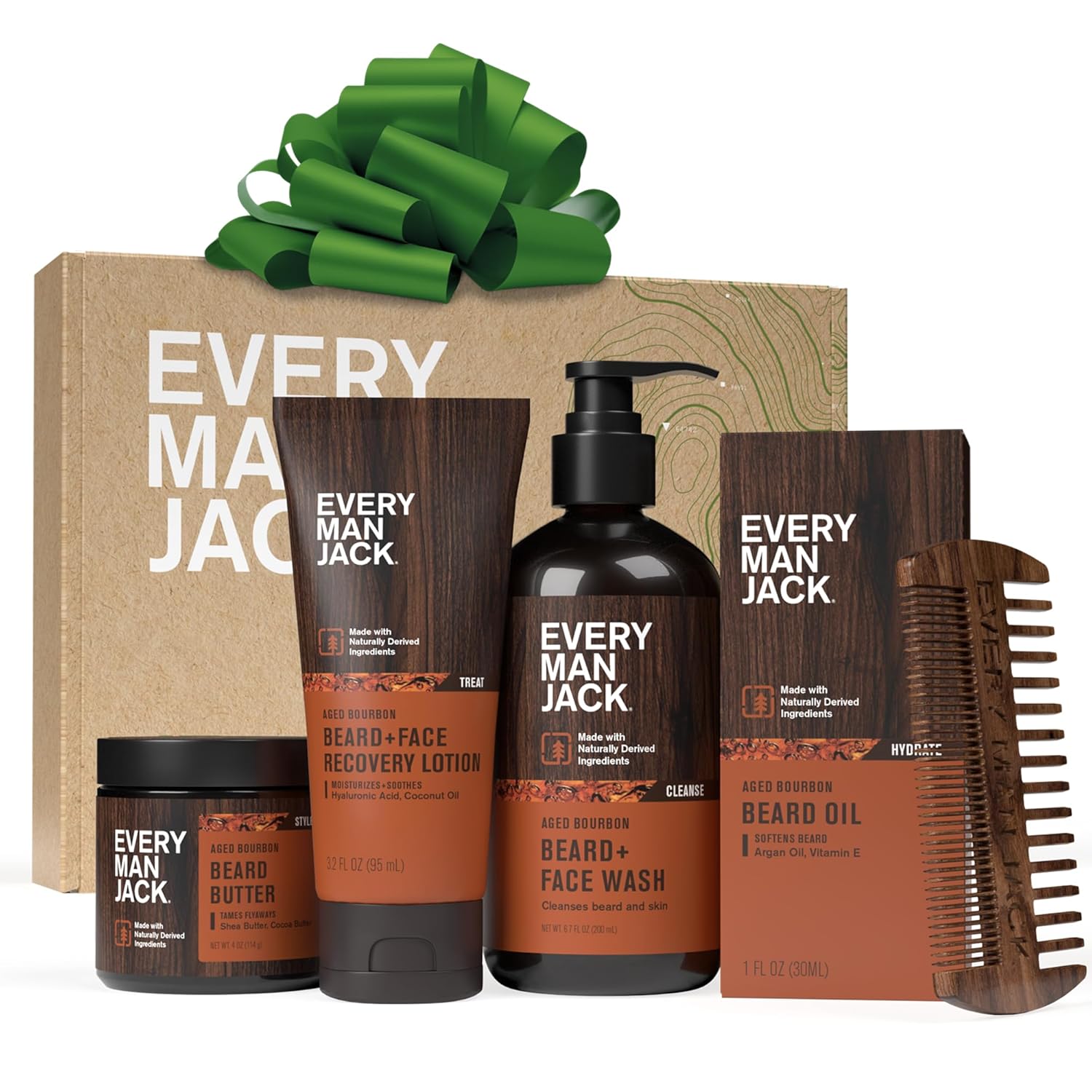 Every Man Jack Beard Essentials Gift Set for Men ¨C Complete Routine with 5 Full-Size Products ¨C Aged Bourbon Scent - Beard & Face Wash, Lotion, Oil, Butter & Comb