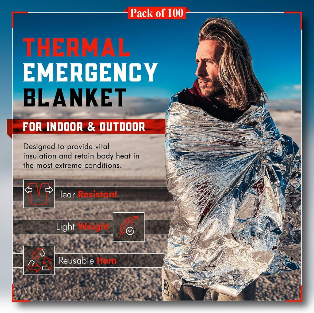Mart Emergency Blanket 100-Pack | Reflective Thermal Blanket | Survival Gear | Lightweight Mylar Blankets | Retains 90% Body Heat | Essential for Camping, First Aid, Homeless Care Package Bulk