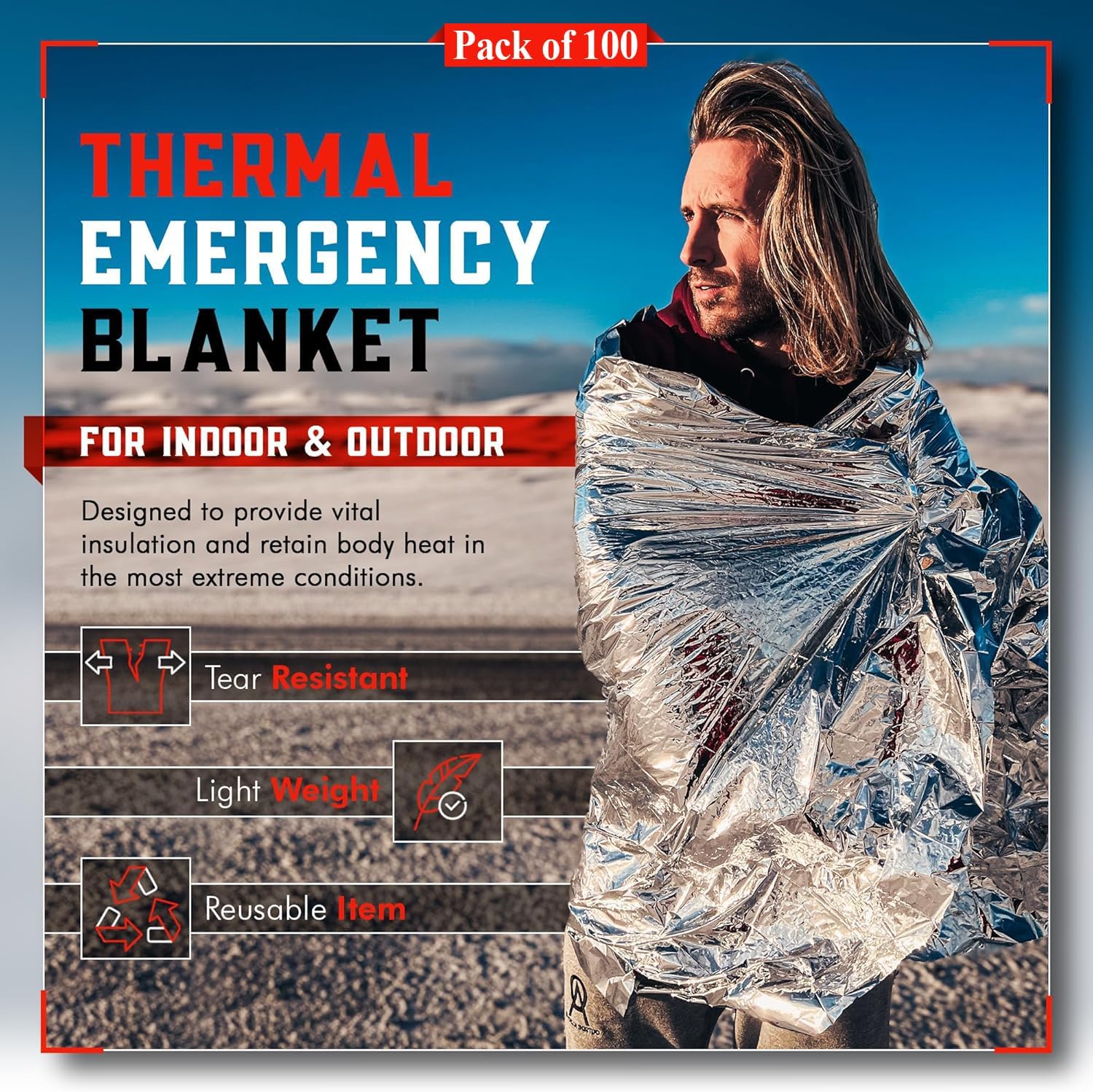 Mart Emergency Blanket 100-Pack | Reflective Thermal Blanket | Survival Gear | Lightweight Mylar Blankets | Retains 90% Body Heat | Essential for Camping, First Aid, Homeless Care Package Bulk