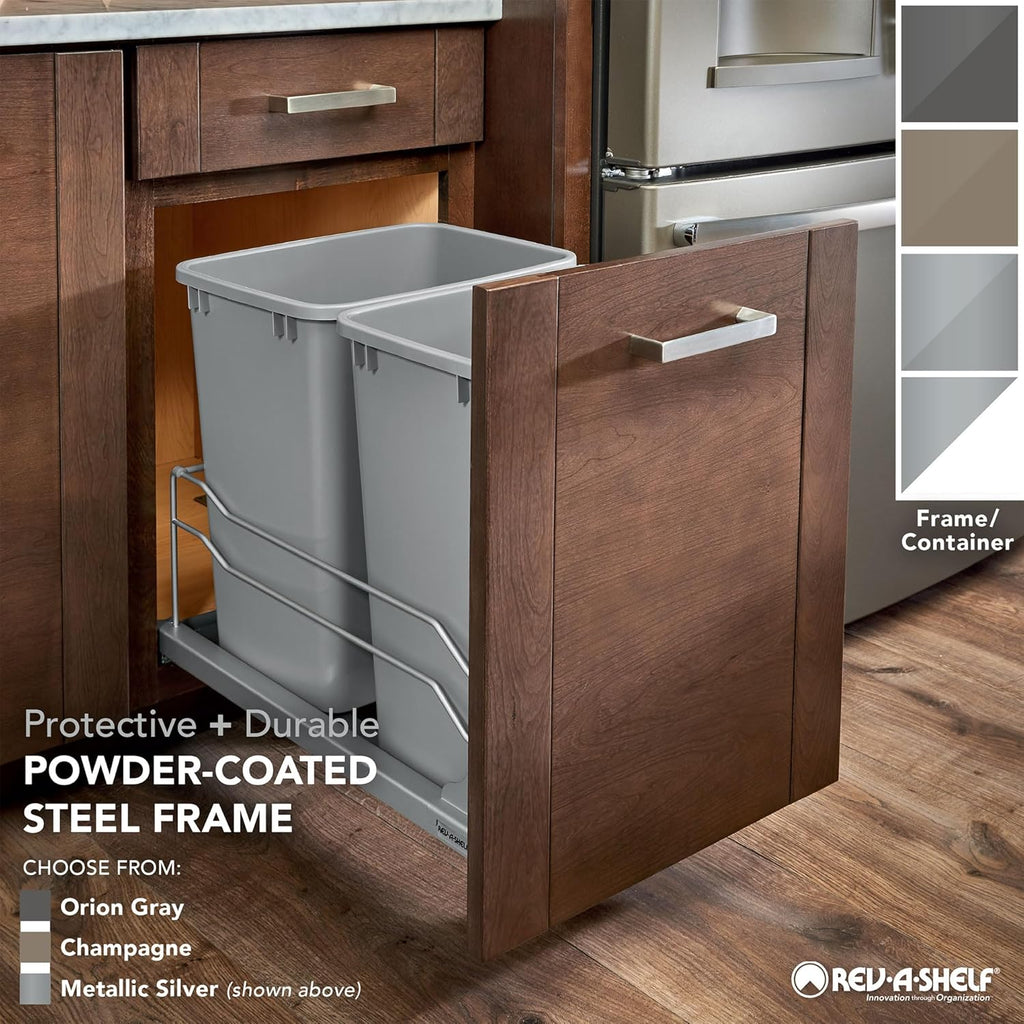 Rev-A-Shelf Pullout Trash Can for Base Kitchen Cabinets 35 Quart 8.75 Gallon with Soft-Close Slides and Rear Storage, White, 53WC-1535SCDM-111