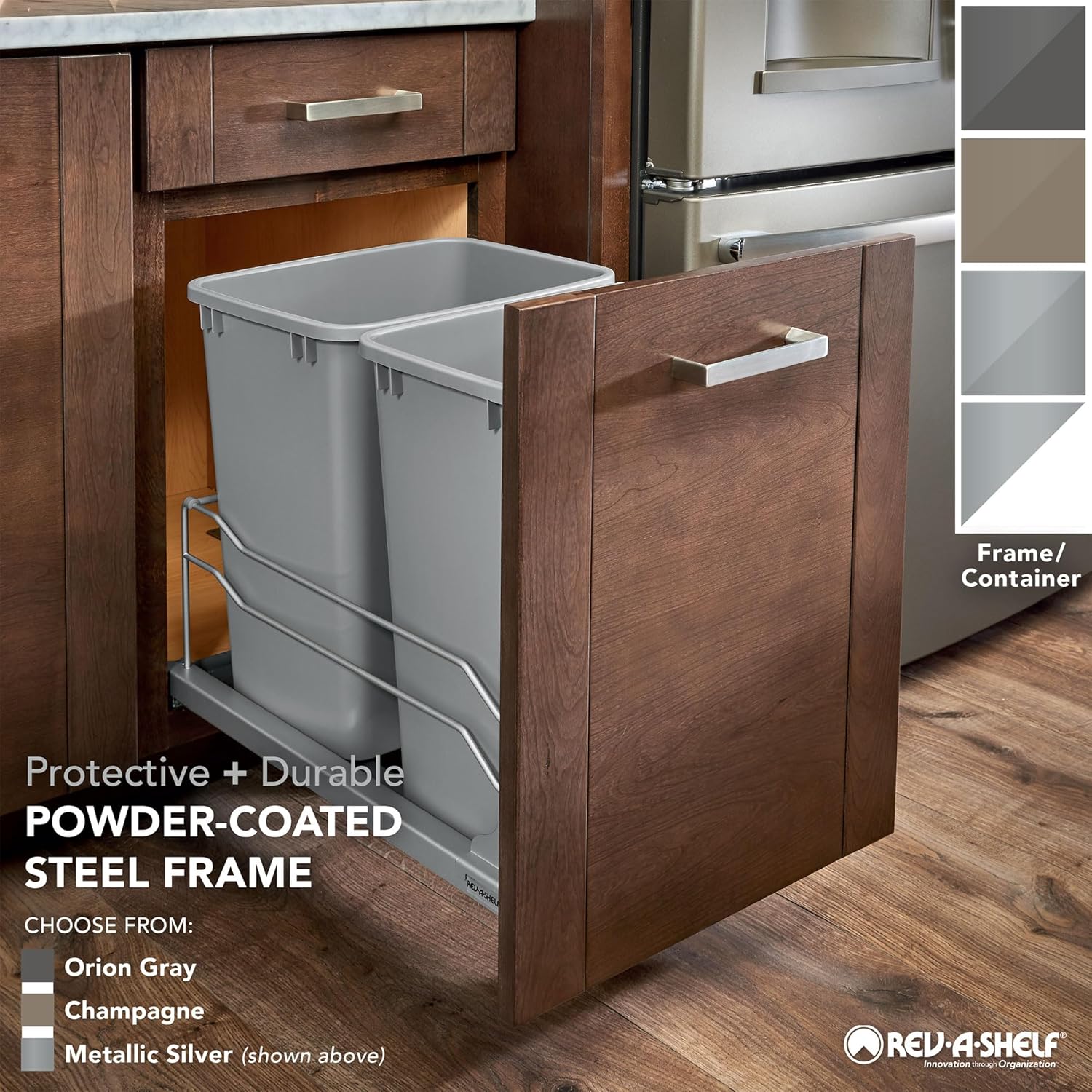 Rev-A-Shelf Pullout Trash Can for Base Kitchen Cabinets 35 Quart 8.75 Gallon with Soft-Close Slides and Rear Storage, White, 53WC-1535SCDM-111