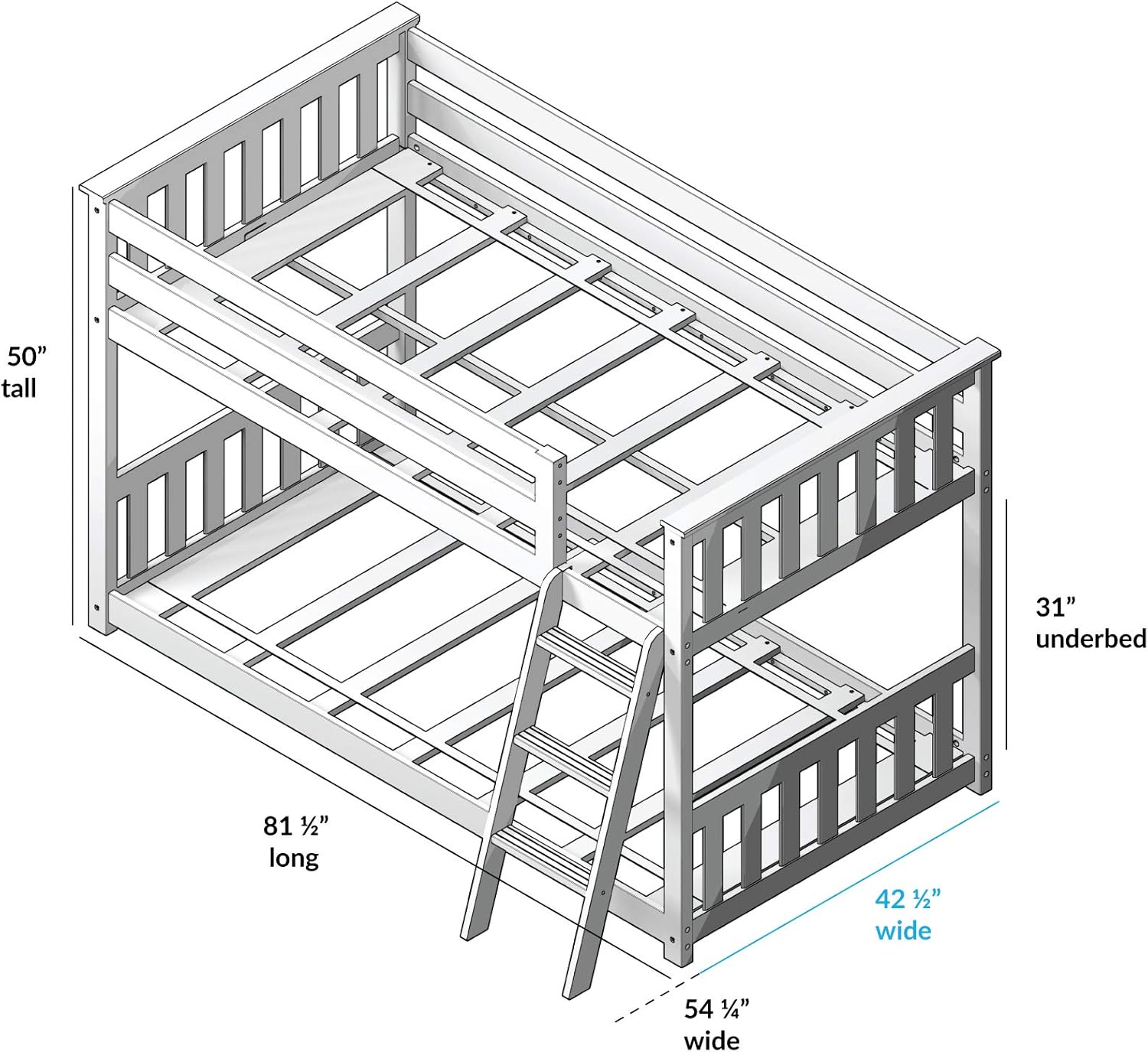 Max & Lily Low Bunk Bed, Twin-Over-Twin Bed Frame For Kids With Curtains For Bottom, White/Purple