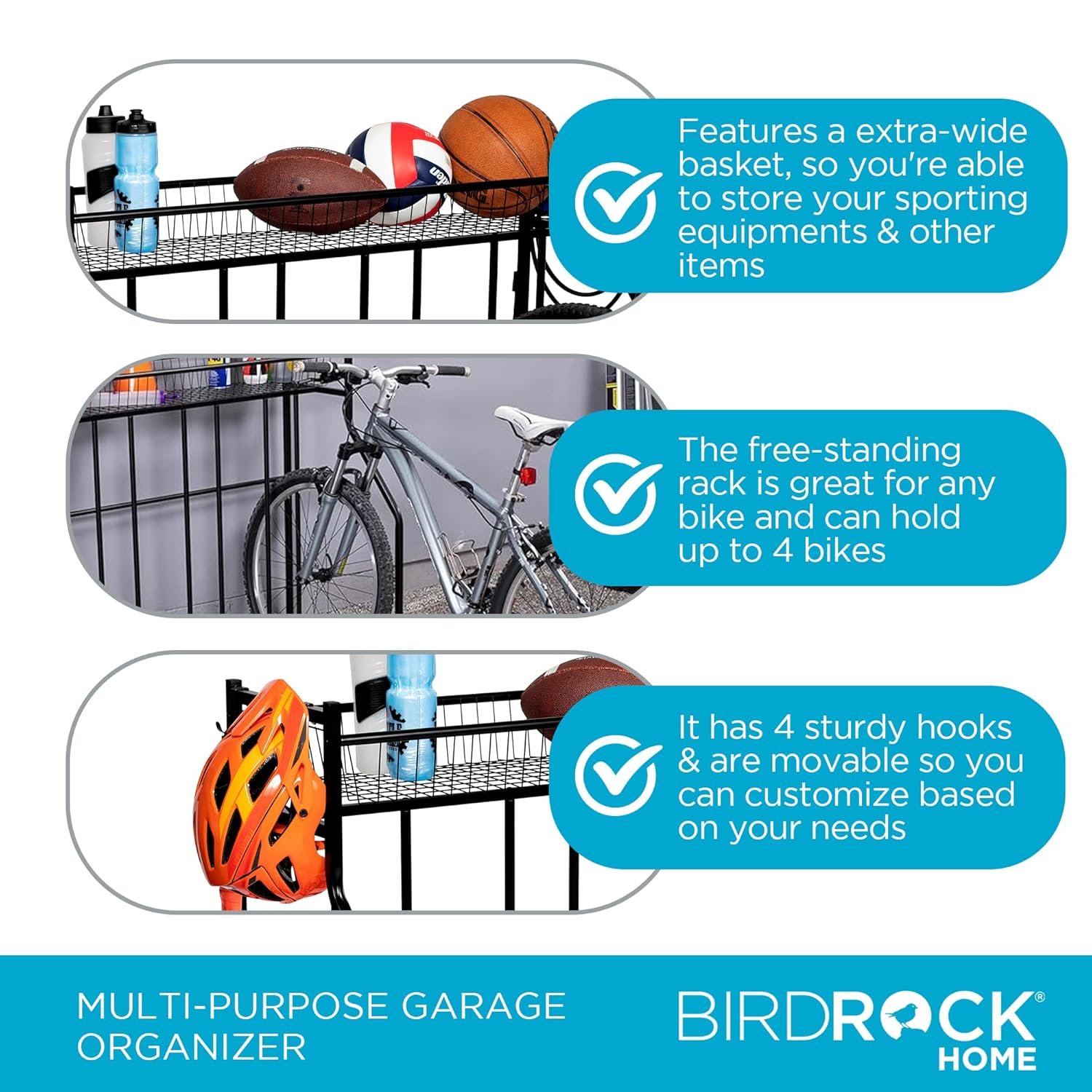 BIRDROC HOM Bik Rac Garag Storag Floo Stan Freestandin Organize fo Outdoo Yar Uprigh Wal Moun fo Scooters Rakes Motorcycles Hoverboards Glove Hold Bicycl Black