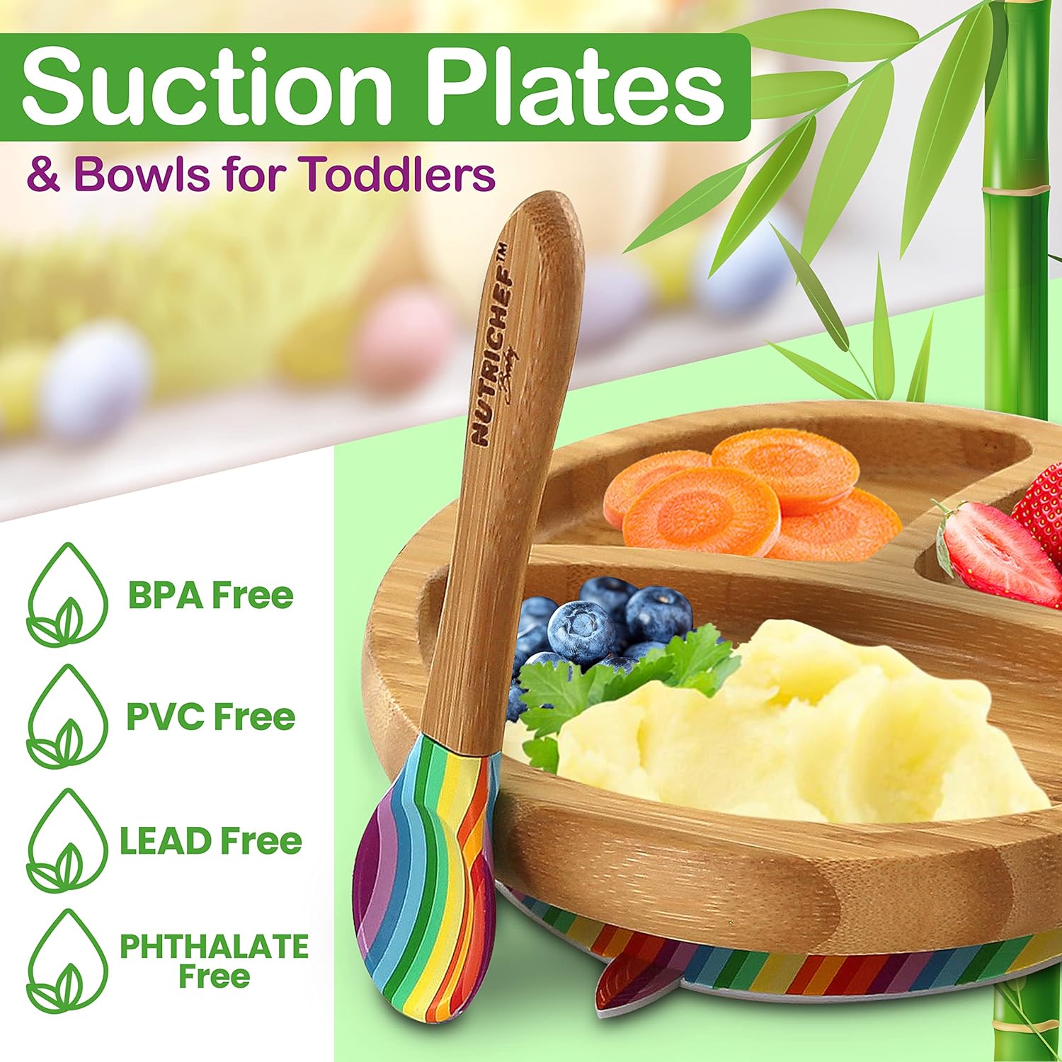 NutriChe Bab an Toddler compartmen plate bowl an spoo feedin set silicon suction Non-toxi al natura Bambo bab foo plat wit silicon bi (Rainbow) Small