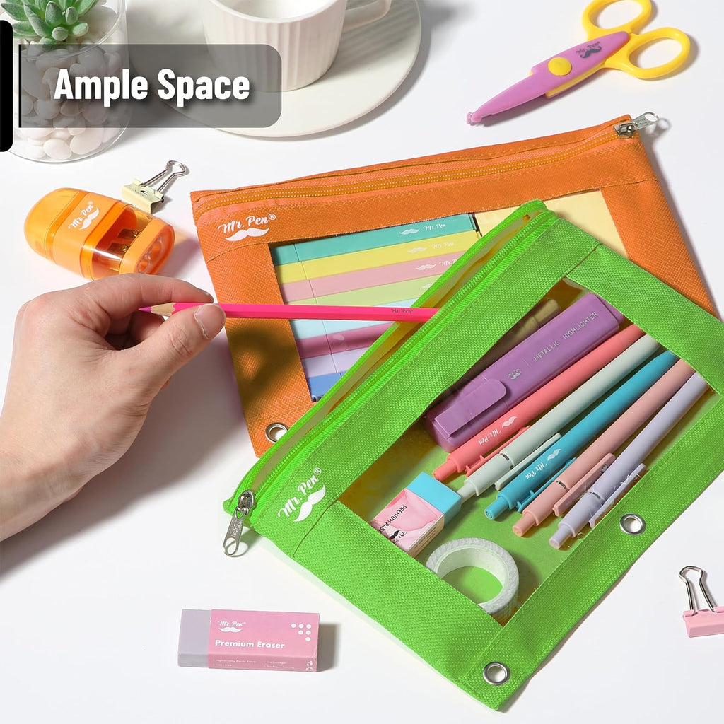2 Pack Pencil Pouch - Green and Orange Flat Zipper Pouch for 3 Ring Binder