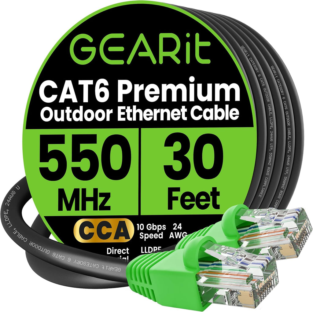GEARit RJ45 Cat-6 Ethernet Patch Cable, 10Gpbs Transfer Speed, Gold-Plated Connectors, Copper Clad, Outdoor, UV Resistant, Direct Burial, Waterproof, Durable, 30 Foot (9.1 Meters), Black