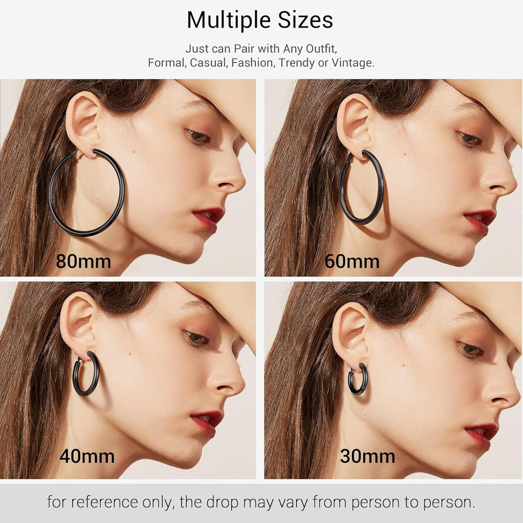 Stainless Steel Chunky Hoop Earrings For Women, Minimalist and Chic, Black/Gold Plated, Round Hoops Earrings Hypoallergenic, Size: 30mm/40mm/60mm/80mm, Come with Box