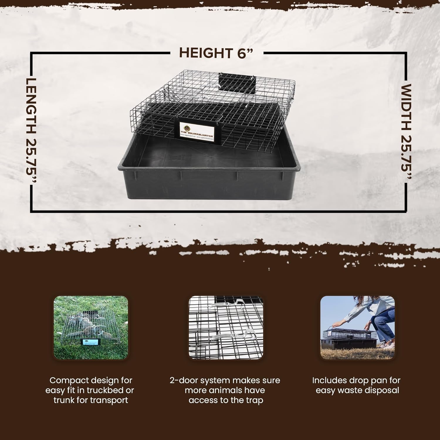 Rugged Ranch Squirrelinator w/ Waste Basin Outdoor Multi-Catch Squirrel Trap - Humane Live Cage Catcher, Rodent Control for Barns, Garages, Sheds, Gardens, Farms, Yards or Lawns