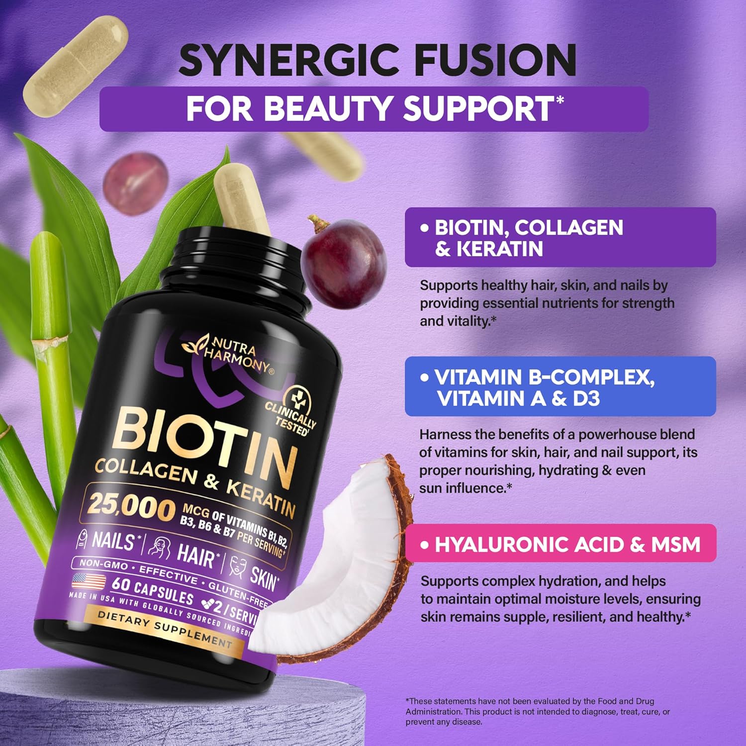 Bioti Collage Hyaluroni Aci Kerati Clinicall Teste Supplement* Hai Growt Support Ski Nail 25000mc Vitamin B1 B2 B3 B B fo Wome Me Mad i US 6 Capsules