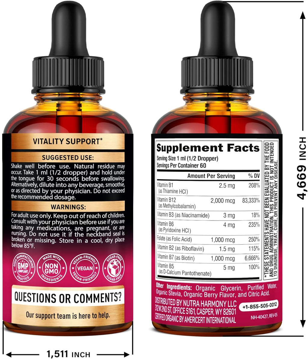 USDA Organic Vitamin B-Complex B5 Pantothenic Acid | B12 Methylcobalamin | B1 Thiamine | B6 Pyridoxine | B7 Biotin | B9 Folic | B3 Niacinamide - B Complex Liquid Drops, Made in USA Supplement, 2fl oz