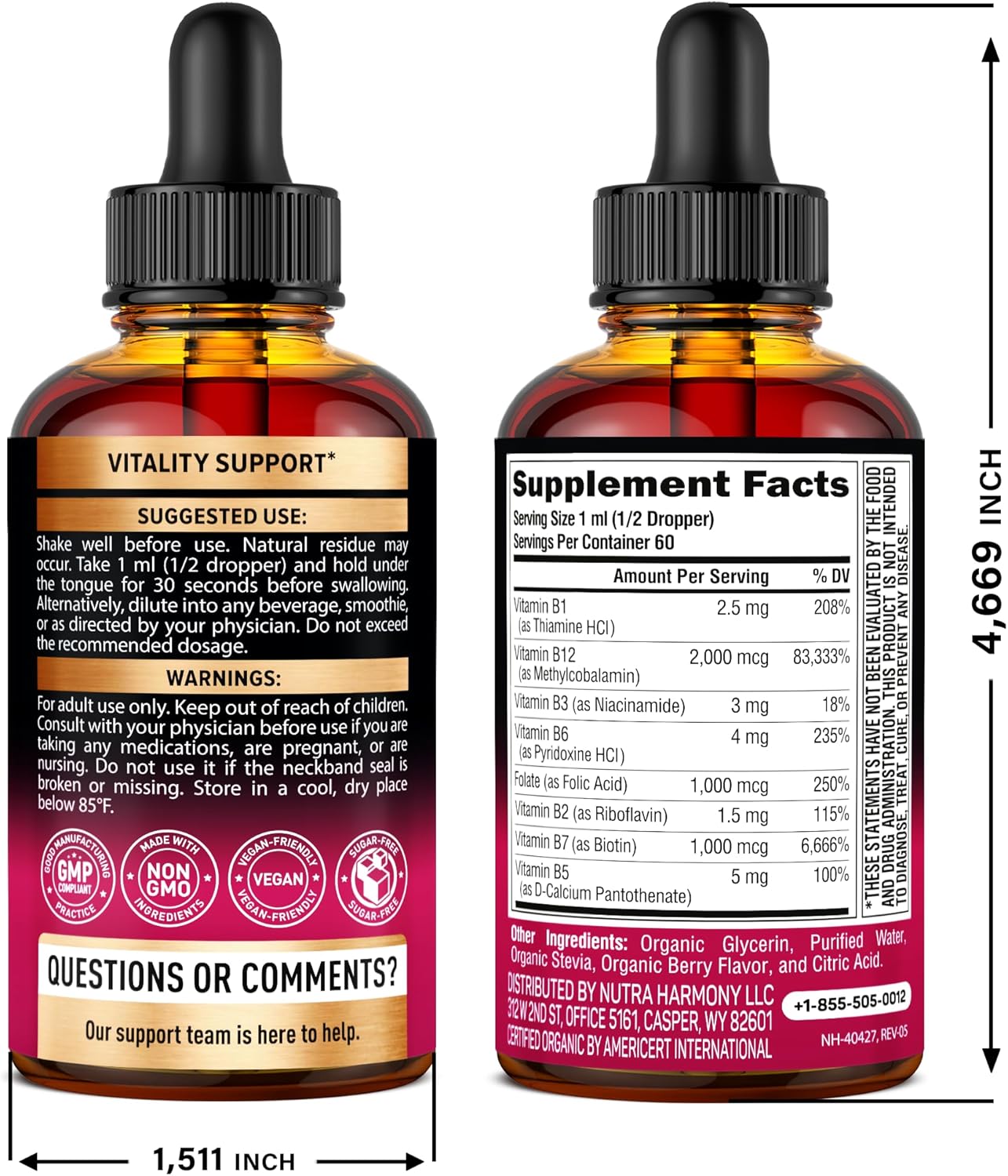 USDA Organic Vitamin B-Complex B5 Pantothenic Acid | B12 Methylcobalamin | B1 Thiamine | B6 Pyridoxine | B7 Biotin | B9 Folic | B3 Niacinamide - B Complex Liquid Drops, Made in USA Supplement, 2fl oz
