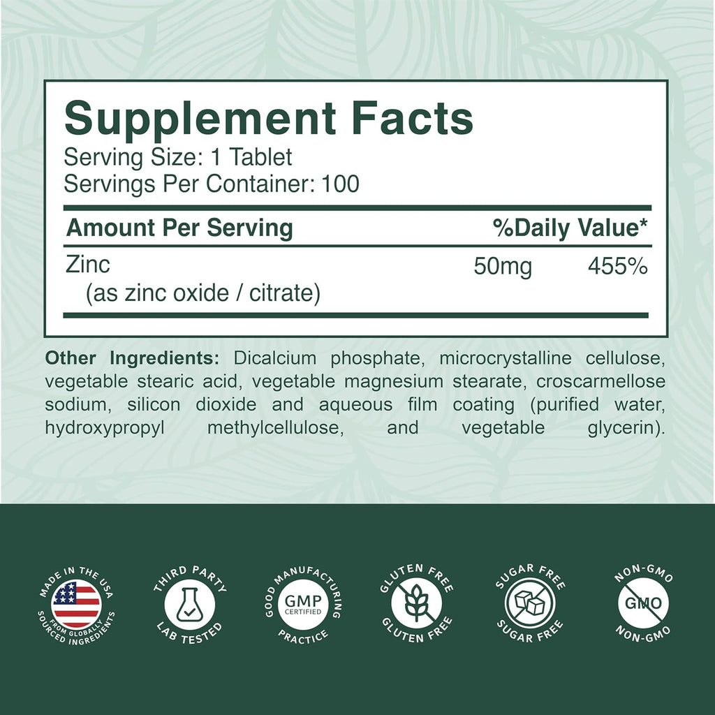 PurePremiu Natura Zin 50m Supplement fo Men/Wome GMP-Certifie Hig Potenc Vitami Zin Citrate/Oxid fo Adults Immun Antioxidant Energ Suppor 10 Tablets