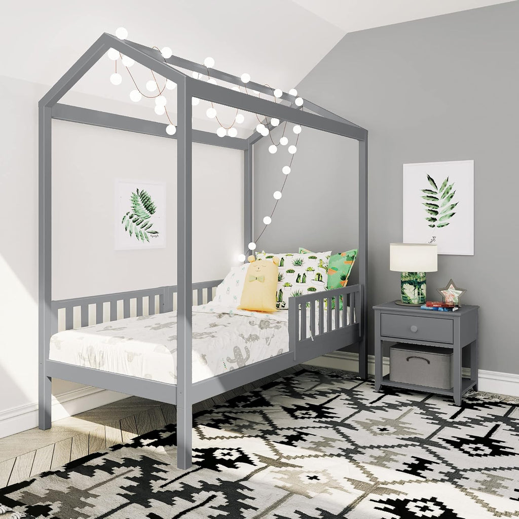 Max & Lily Twin House Bed with Three Guard Rails Platform, Grey