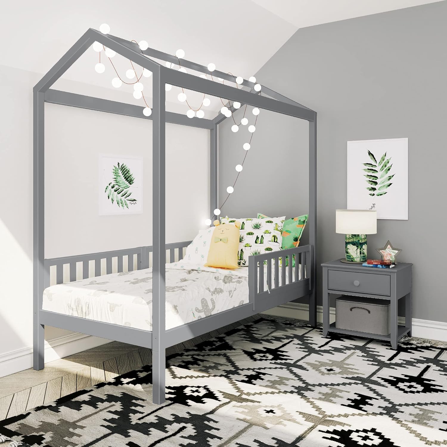 Max & Lily Twin House Bed with Three Guard Rails Platform, Grey