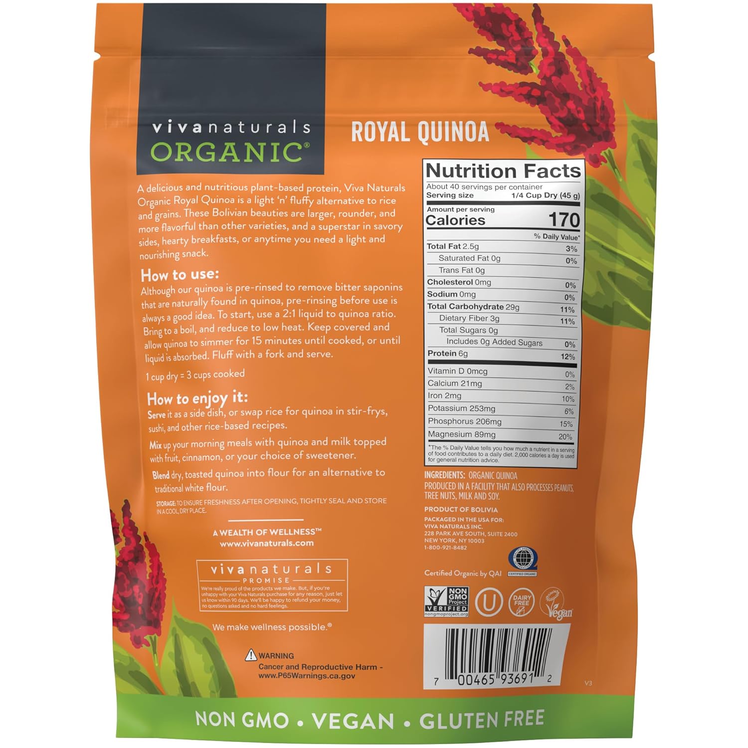 Viva Naturals Organic Quinoa, 4 lb ¨C Pre-Washed Whole Grain, Plant Protein, USDA Organic, Gluten-Free, Non-GMO, Vegan, Kosher Rice and Pasta Substitute