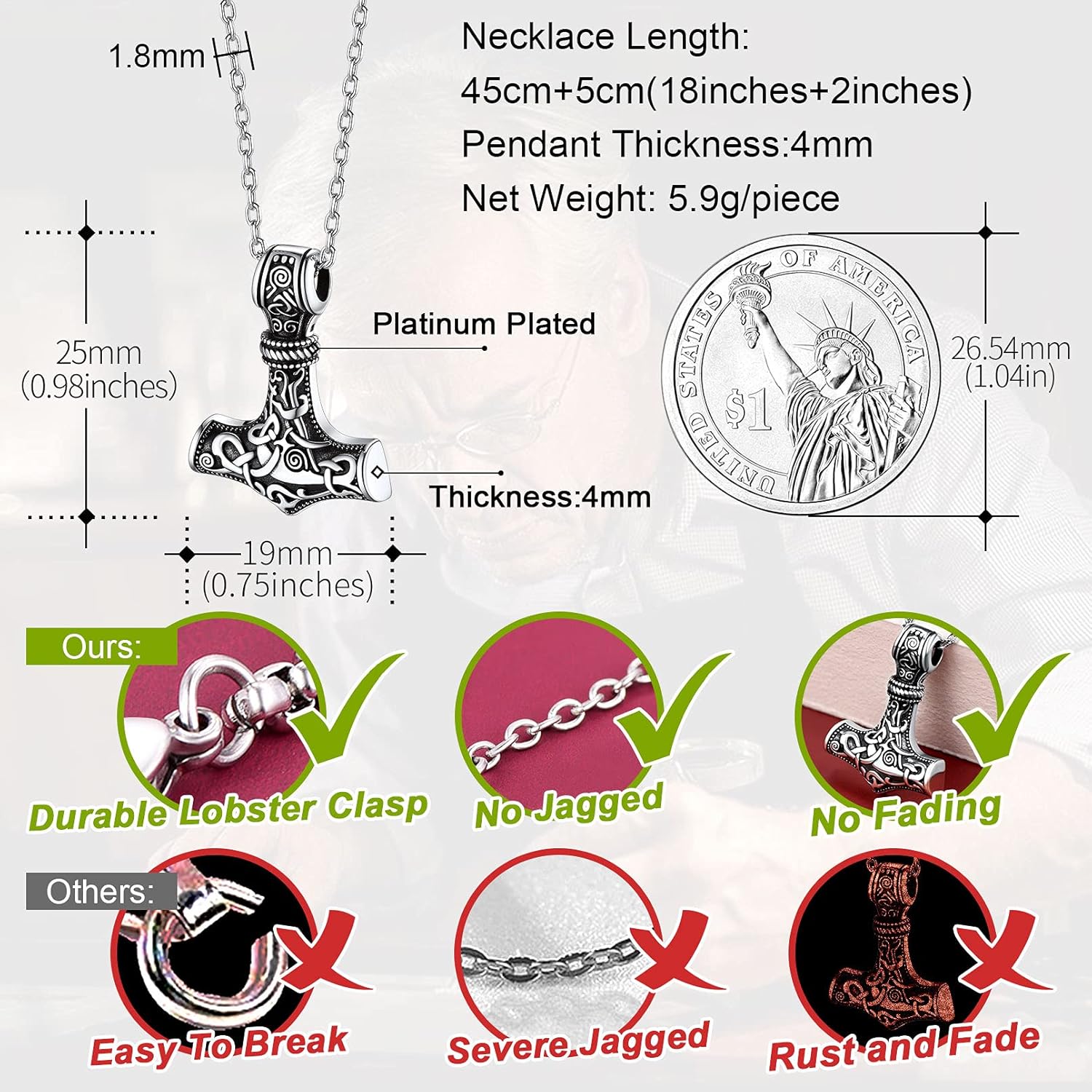 FaithHeart Viking Thor's Hammer Talisman Necklace for Men, Vintage Norse Mjolnir Amulet Pendant with Sturdy Wheat Chain, Stainless Steel Jewelry (Gift Box)