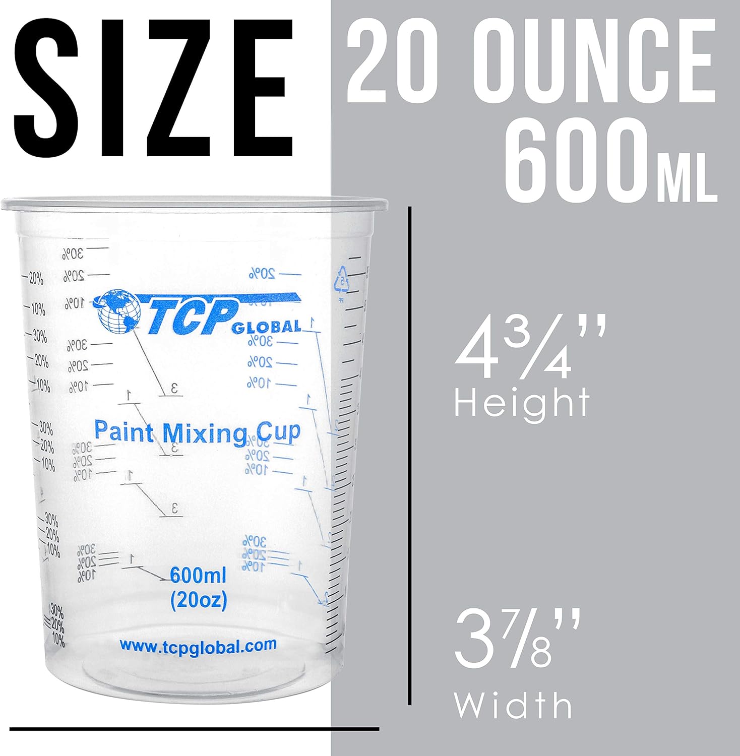 TCP Global 20 oz. (600ml) Graduated Plastic Mixing Cups - Box of 25 with 25 Mixing Sticks - Disposable Plastic Measuring Cups for Liquids, Paints, Resin, Epoxy, Art, Kitchen - Ratios 2-1, 3-1, 4-1 ML