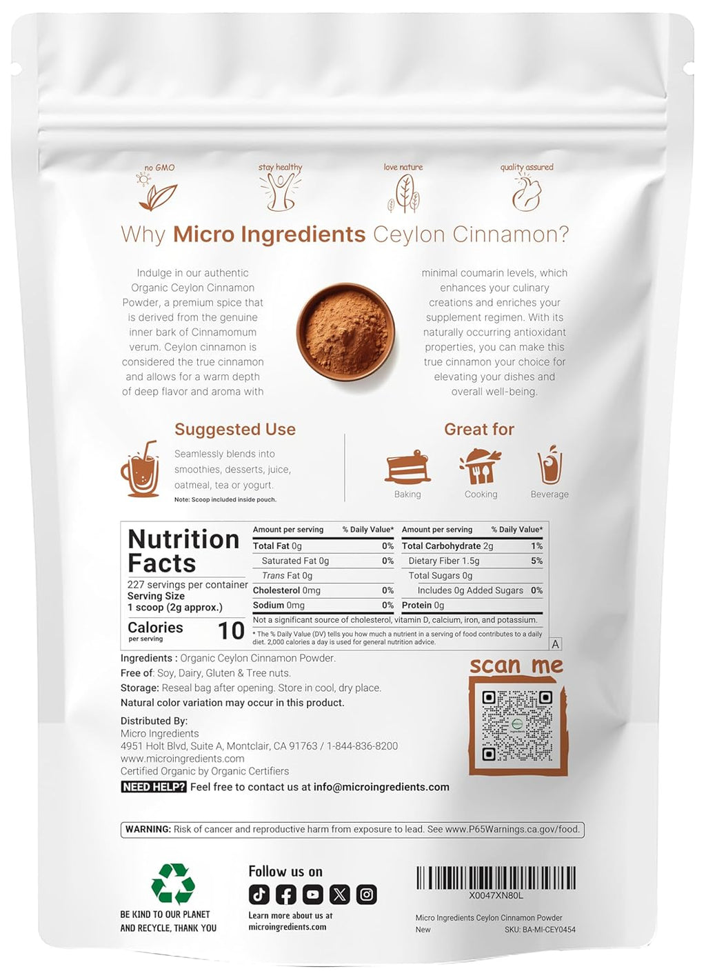 Organic Ceylon Cinnamon Powder, 1 lb | Premium Sri Lanka Source | Sweet & Earthy Flavor | Great for Baking, Cooking & Drinks | Additive Free, Non-GMO, Bulk Supply