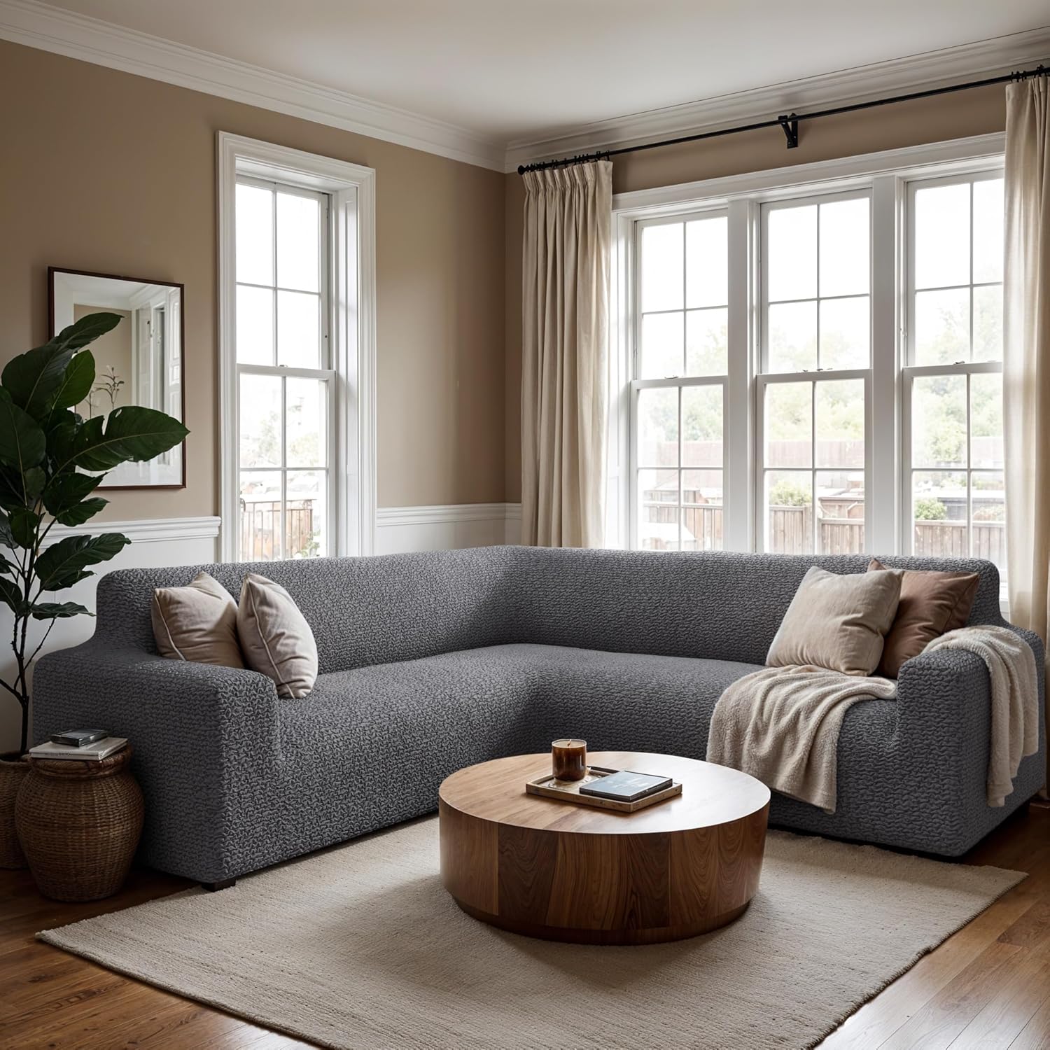 PAULATO BY GA.I.CO. Corner Sectional Couch Cover - Extra Large L-Shape Couch Slipcover - Washable Polyester Sofa Covers - 1-Piece Form Fit Furniture Protector - Microfibra - Dark Grey (Corner Sofa)