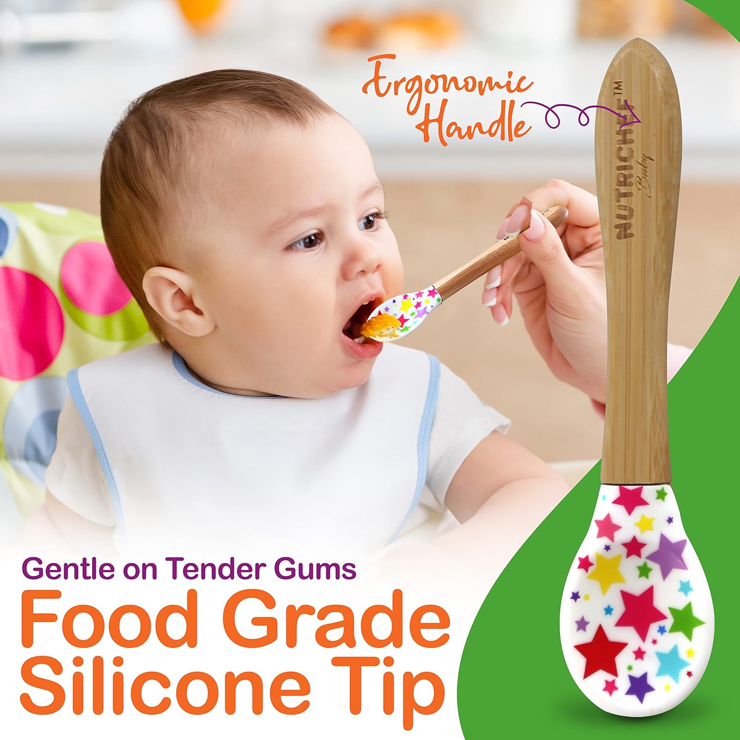 Nutriche Bab an Toddler compartmen plate bowl an spoo feedin set silico suction Non-toxi al natura Bambo bab foo plat wit silico bi (Star)