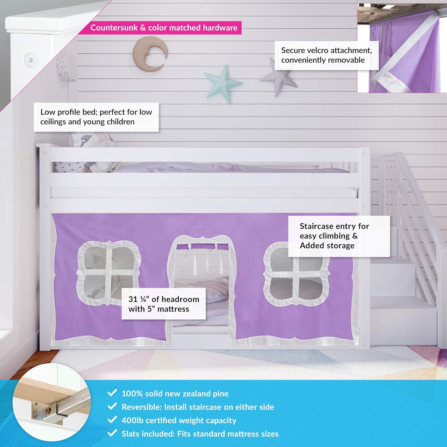 Max & Lily Low Bunk Bed, Twin-Over-Twin Bed Frame For Kids With Stairs and Curtains For Bottom, White/Purple
