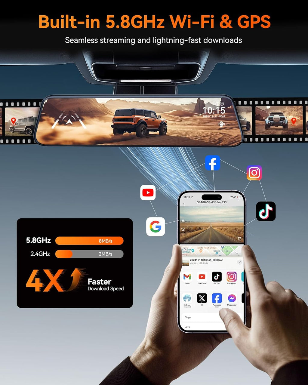 WOLFBO G840 12' Mirro Das Ca wit ADA an BSD 2.5 Rea Vie Mirro Camer Fron an Rear 5.8GH WiFi Voic Control Parkin Monitor Include 32G Car GPS Loo Recording