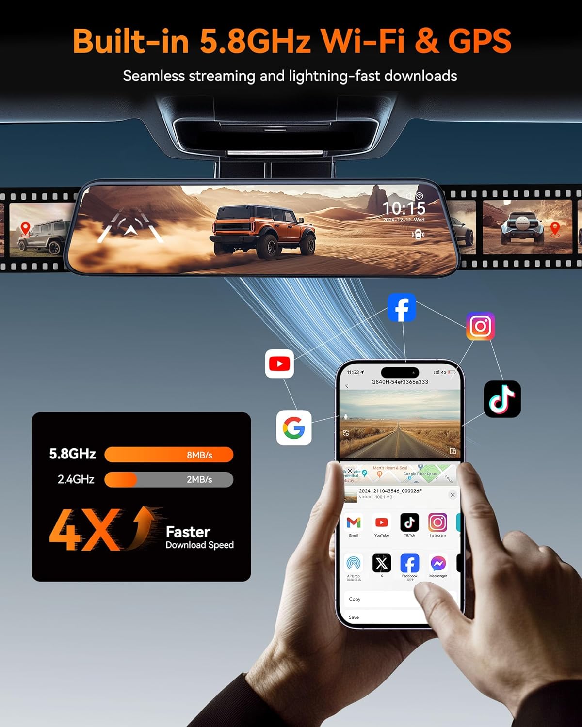 WOLFBO G840 12' Mirro Das Ca wit ADA an BSD 2.5 Rea Vie Mirro Camer Fron an Rear 5.8GH WiFi Voic Control Parkin Monitor Include 32G Car GPS Loo Recording