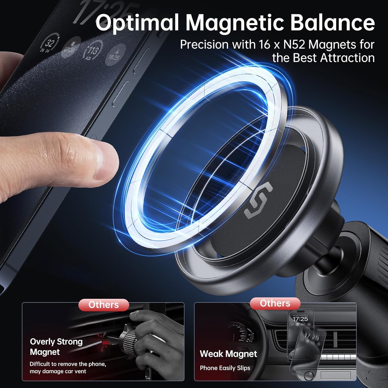 SYNCWIRE for MagSafe Car Mount, Flexible Rotation Magnetic Phone Holder for Car Vent, Hands Free Car Air Vent Phone Holder Clip Universal Compatible with iPhone 17 Pro Max 16 15 14 13 12 MagSafe Case