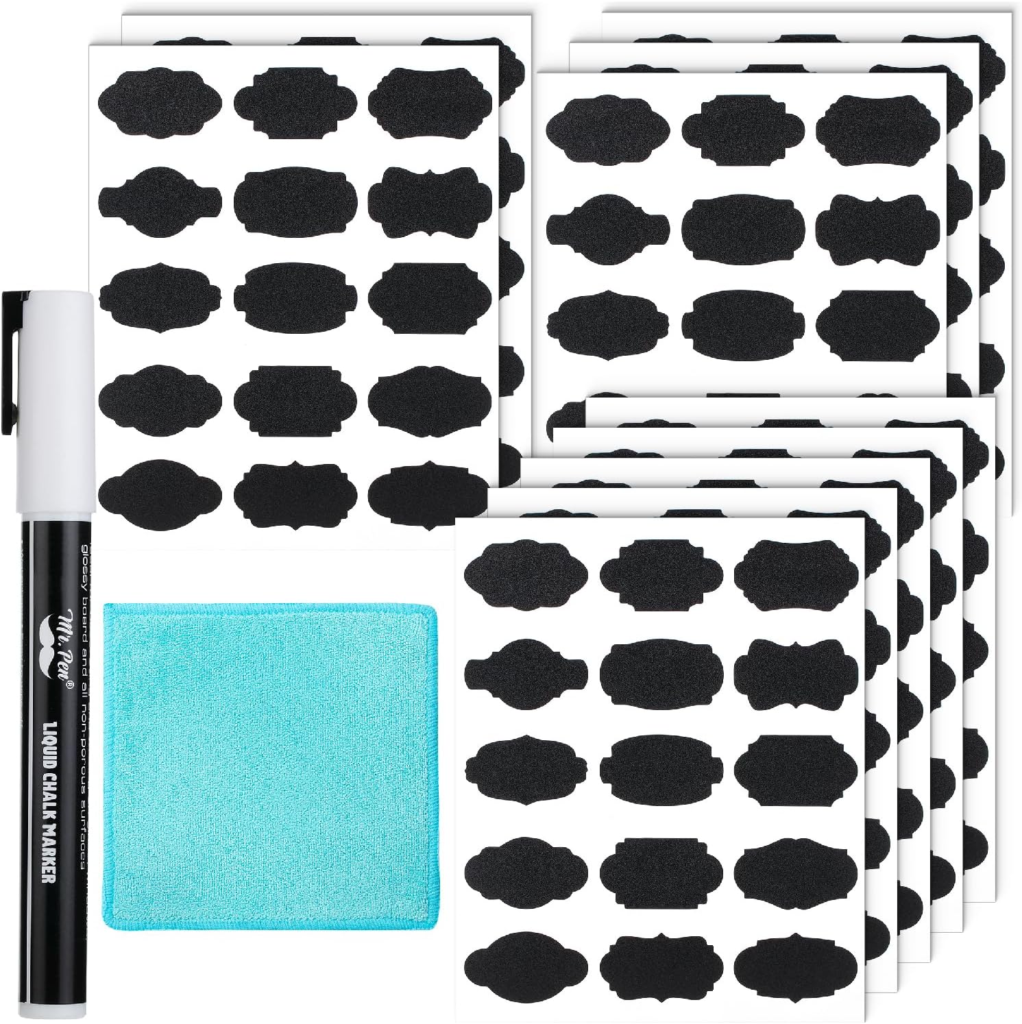 Mr. Pen- Chalkboard Labels, 150 pcs, Assorted Shapes, 1 White Chalk Marker and Small Towel, Label Stickers for Bottle, Food, Jar and Storage Bins