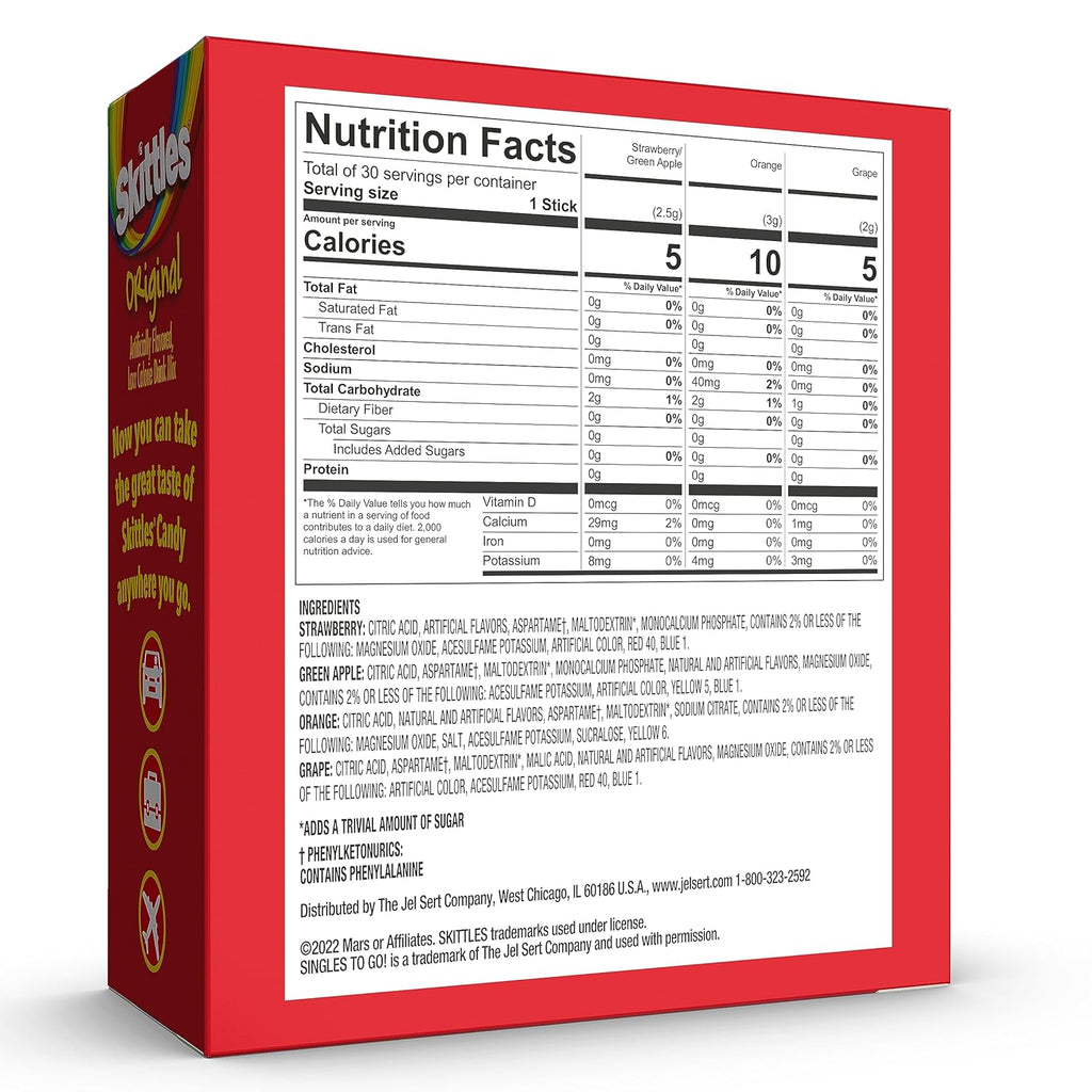 SINGLE T GO Skittle Variet Pack Waterto Powdere Drin Mix Zer Sugar Lo Calorie Include Flavors Gree Apple Strawberry Grape Orange Bo (3 Singl Servings)