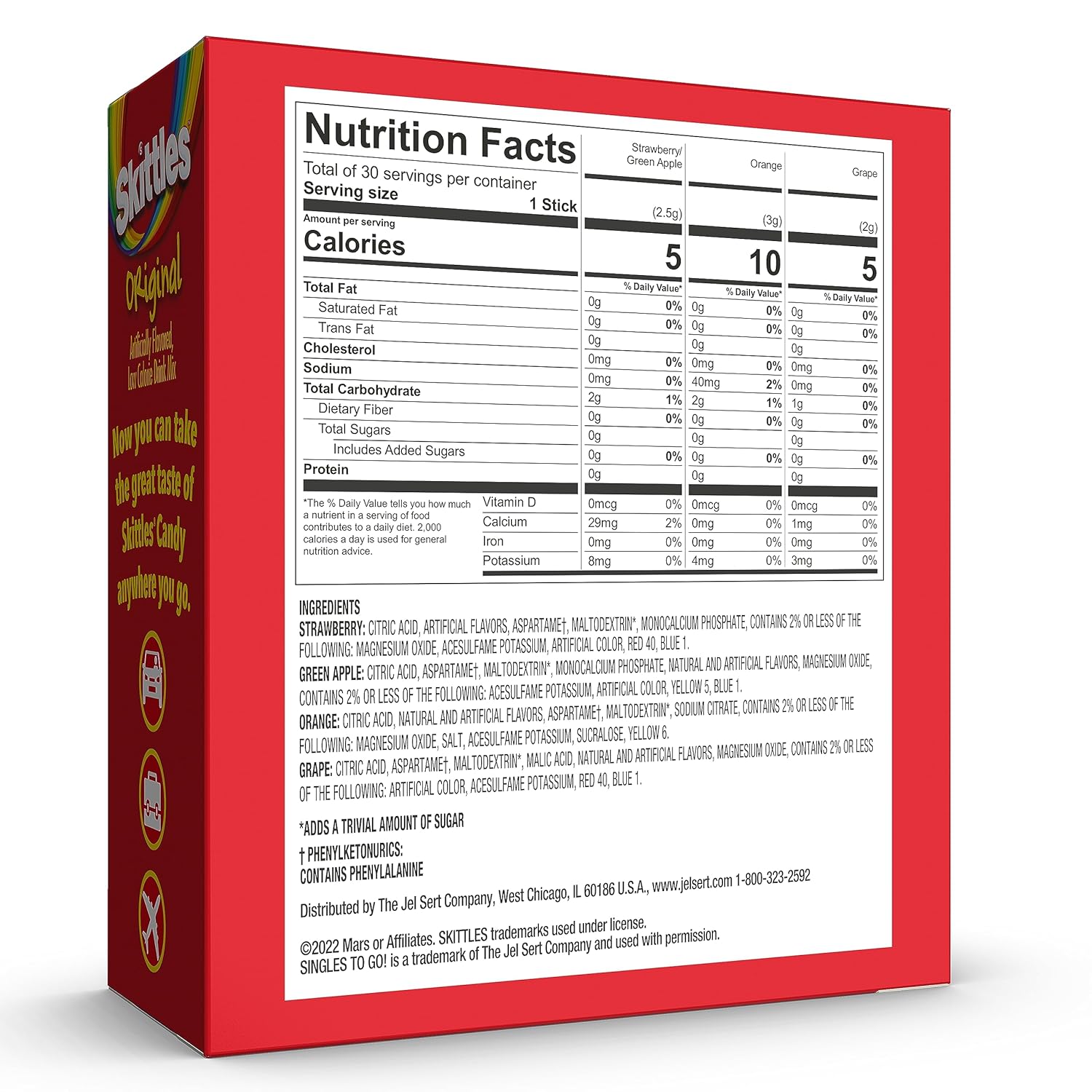 SINGLE T GO Skittle Variet Pack Waterto Powdere Drin Mix Zer Sugar Lo Calorie Include Flavors Gree Apple Strawberry Grape Orange Bo (3 Singl Servings)