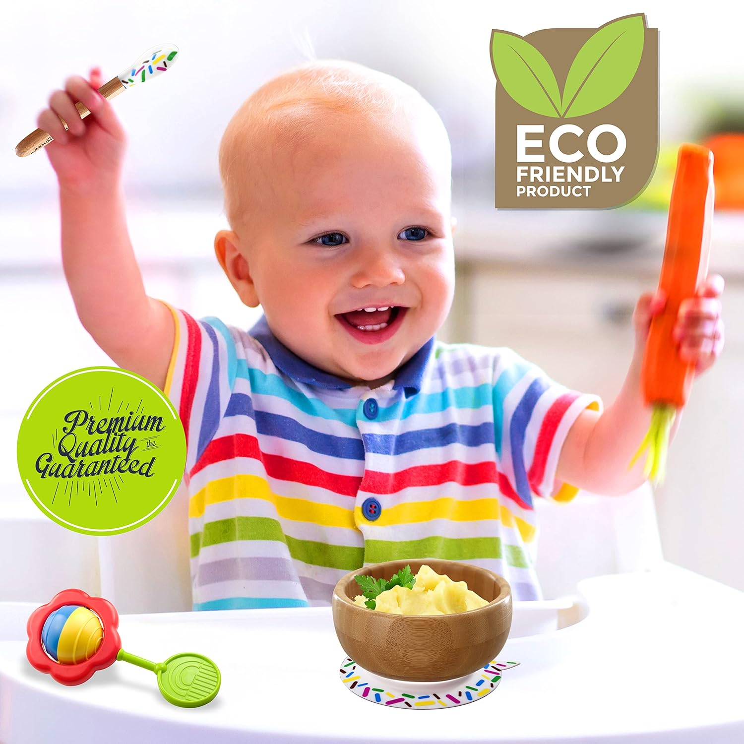 NutriChe Bambo Bab Feedin Bow Woode Infan Toddle Dis an Spoo Se w/Silicon Suctio Bas fo Sta Pu Eating Fo Childre Age 4-7 Month (Sparkle)