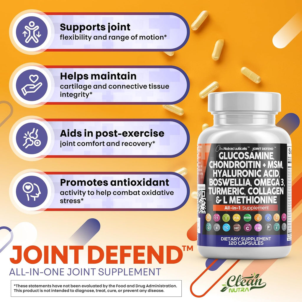 Clean Nutraceuticals Glucosamine Chondroitin MSM 1500mg with Turmeric Curcumin, Collagen, Hyaluronic Acid, Omega 3 ¨C Joint Health Supplement for Men & Women ¨C Joint Complex ¨C 120 Count