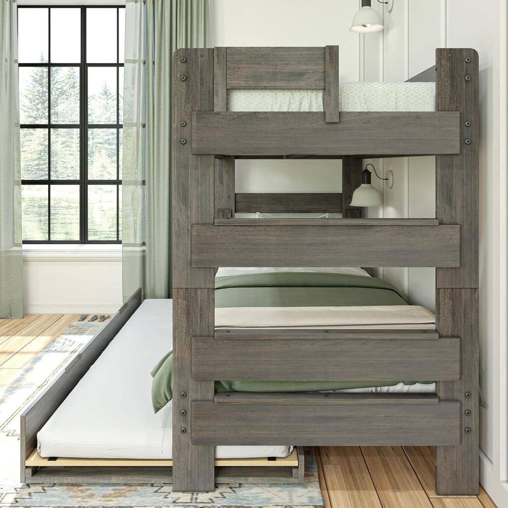 Max & Lily Modern Farmhouse Twin/Twin Bunk Bed with Trundle, Driftwood