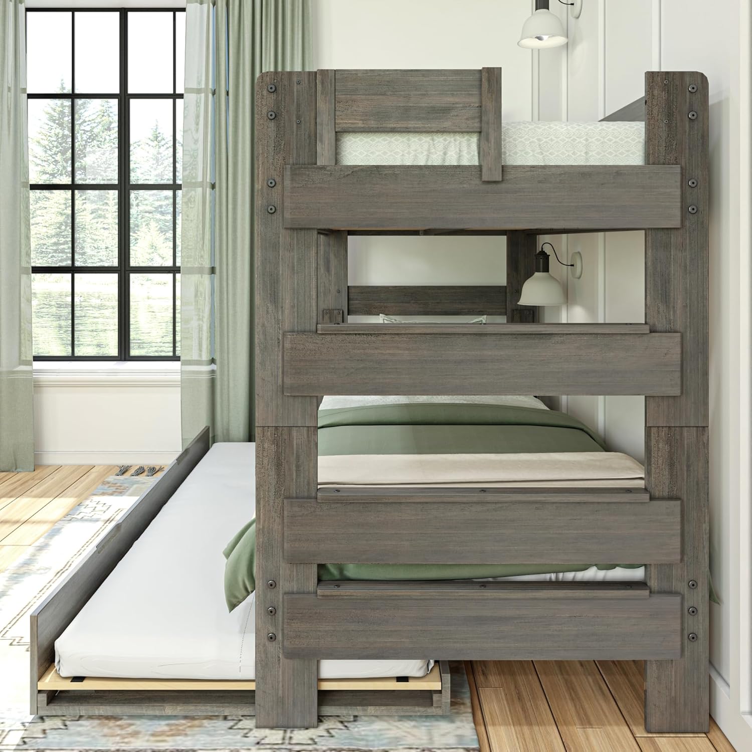Max & Lily Modern Farmhouse Twin/Twin Bunk Bed with Trundle, Driftwood