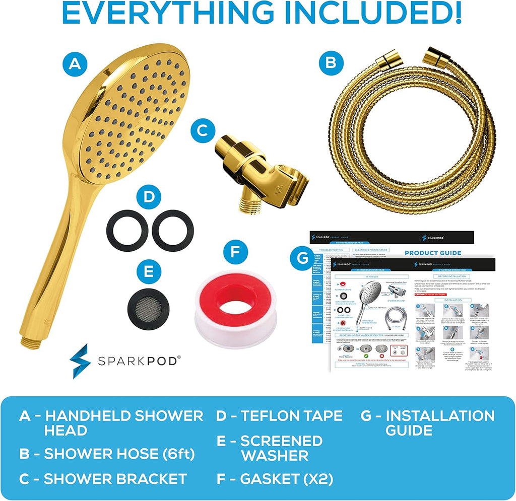 SparkPod High Pressure Handheld Shower Head with Hose - Huge 6-Inch Rainfall Shower Head, Extra Long 6ft. Hose & Adjustable Bracket- Luxury Showerheads- 1-Min Installation (Egyptian Gold)