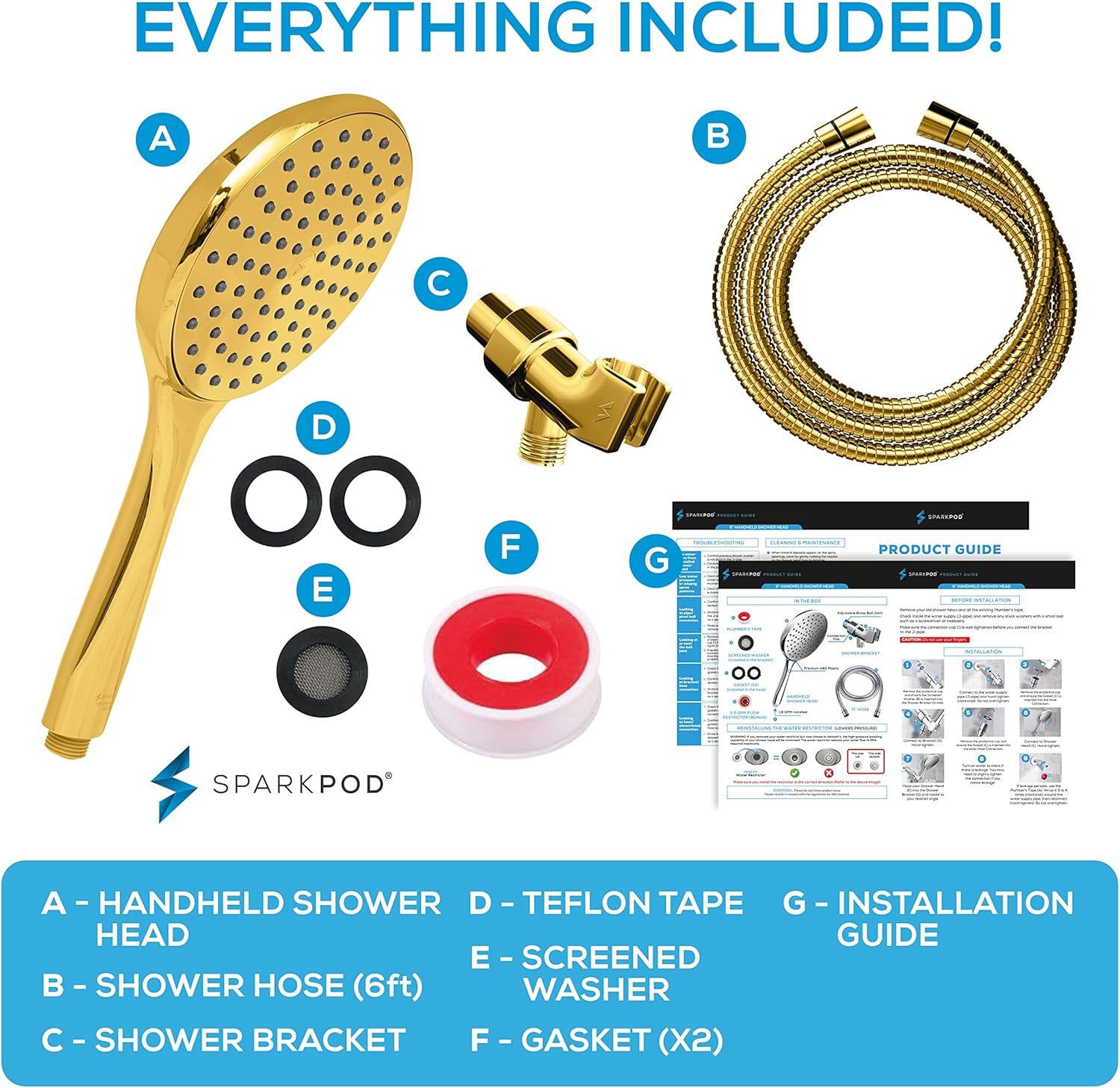 SparkPod High Pressure Handheld Shower Head with Hose - Huge 6-Inch Rainfall Shower Head, Extra Long 6ft. Hose & Adjustable Bracket- Luxury Showerheads- 1-Min Installation (Egyptian Gold)