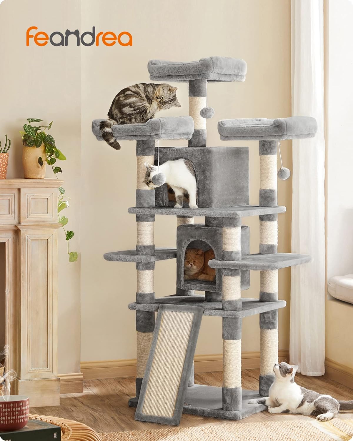 67 Inches Multi-Level Cat Tree for Large Cats, with Cozy Perches, Stable, Light Gray UPCT18W