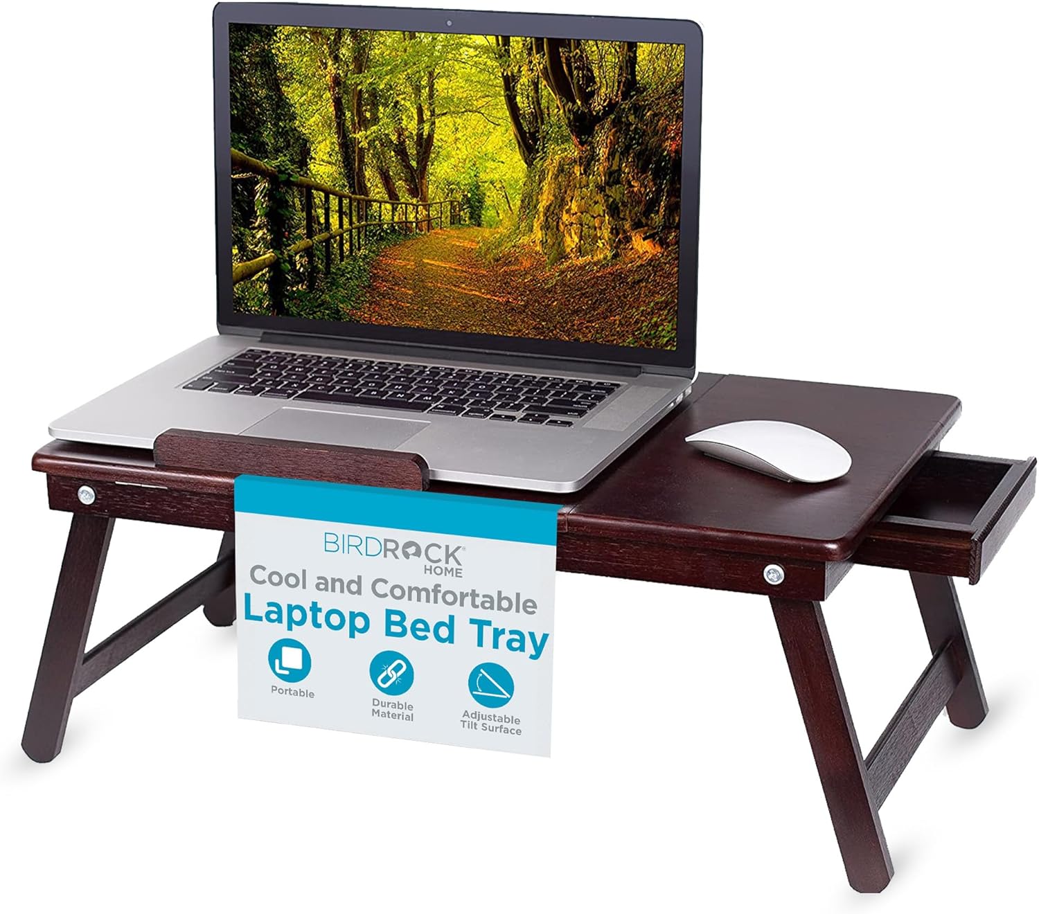 BIRDROCK HOME Bamboo Laptop Bed Tray with Adjustable Tilt Surface | Foldable Legs Pullout Storage Drawer | Wooden Lap Desk for Work, Reading, or Eating | Fits Laptops Up to 15inch | Walnut Finish