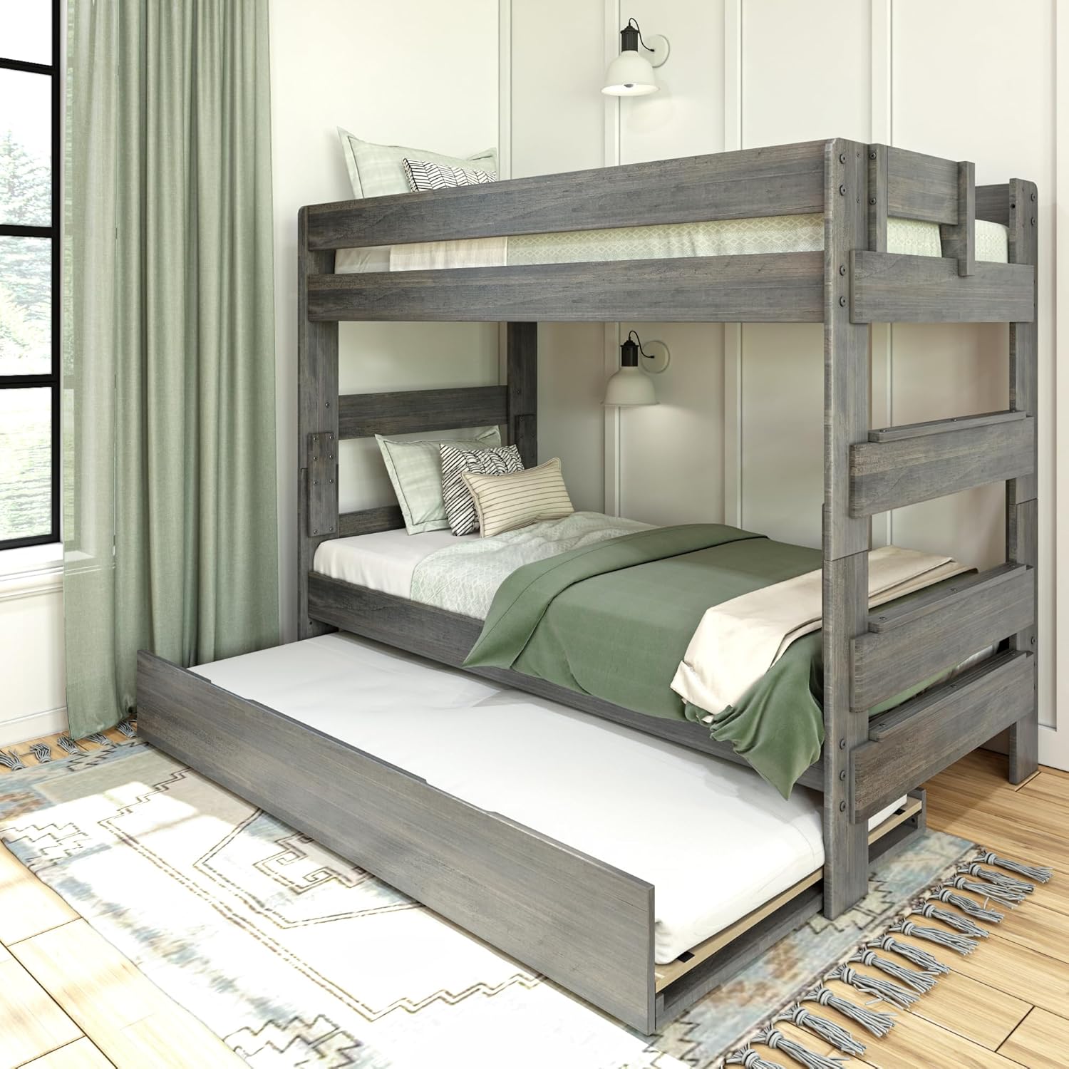 Max & Lily Modern Farmhouse Twin/Twin Bunk Bed with Trundle, Driftwood