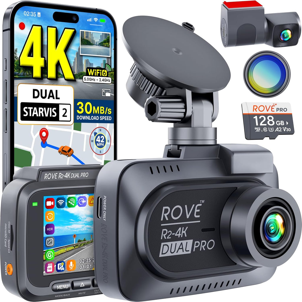 R2-4 Dua PR Das Ca Fron an Rear Tru 4K+2 Das Camer fo Cars STARVI IMX67 IMX67 Sensors Fre 128G Car CPL WiF  u t 30MB/ Downloa Speed 3inc IPS 24H Parkin Mode