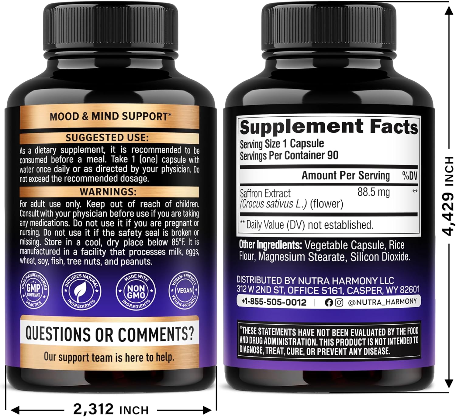 Natural Saffron Supplements - Pure Saffron Extract 88.5 mg - Made in USA - Mood | Focus | Vision | Energy Support - Eye Health for Women & Men - NonGMO Vegan Pills - 90 Powder Capsules, 3 Month Supply