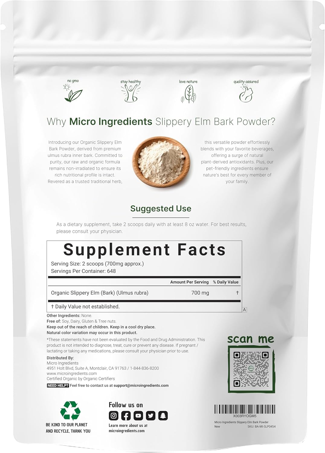 Micr Ingredient Sustainabl U Grown Organi Slipper El Bar Powder Poun (64 Servings) Help Sooth Th Throa an Coughing N Irradiated N Contaminated N GMOs Pe Friendly