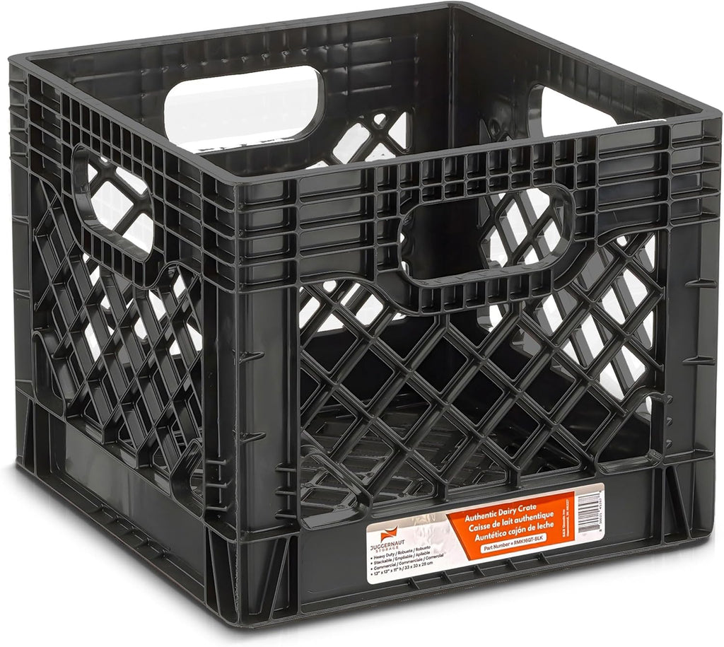 Juggernaut Storage 2-Pack Stackable Heavy Duty Milk Crates with Handles, 16 Qt, Black - Organizing Plastic Crate Basket for Grocery Shopping, Home Supplies, and Bathroom Accessories