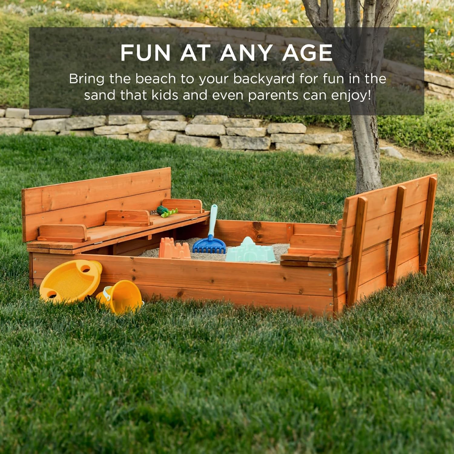 Best Choice Products Kids' Outdoor Wooden Sandbox Large, Cedar Wood with Foldable Bench Seats and Sand Protection, Bottom Liner Included - Walnut